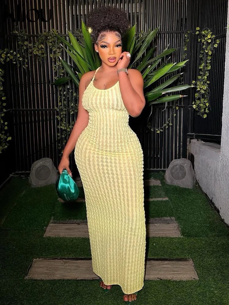 Kliou Solid Ruched Spaghetti Strap Bandage Maxi Dress Women Casual Sleeveless Backless Bodycon Ladies Party Streetwear Dresses 250113