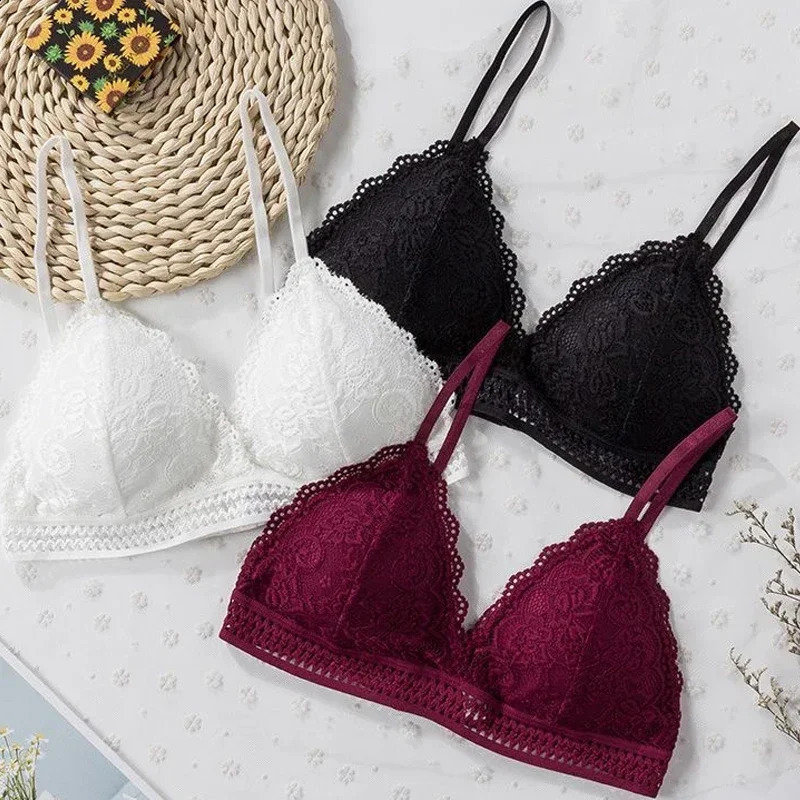 Lace triangular er bra womens embroidered hollow underwear sexy floral deep V seamless push up 250122