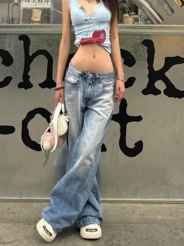 Women American Vintage Y2k Japanese Harajuku Shoujo Tomboy Baggy Low Rise Denim Pants Long Trousers 2000s Aesthetic Jean Kpop 250118