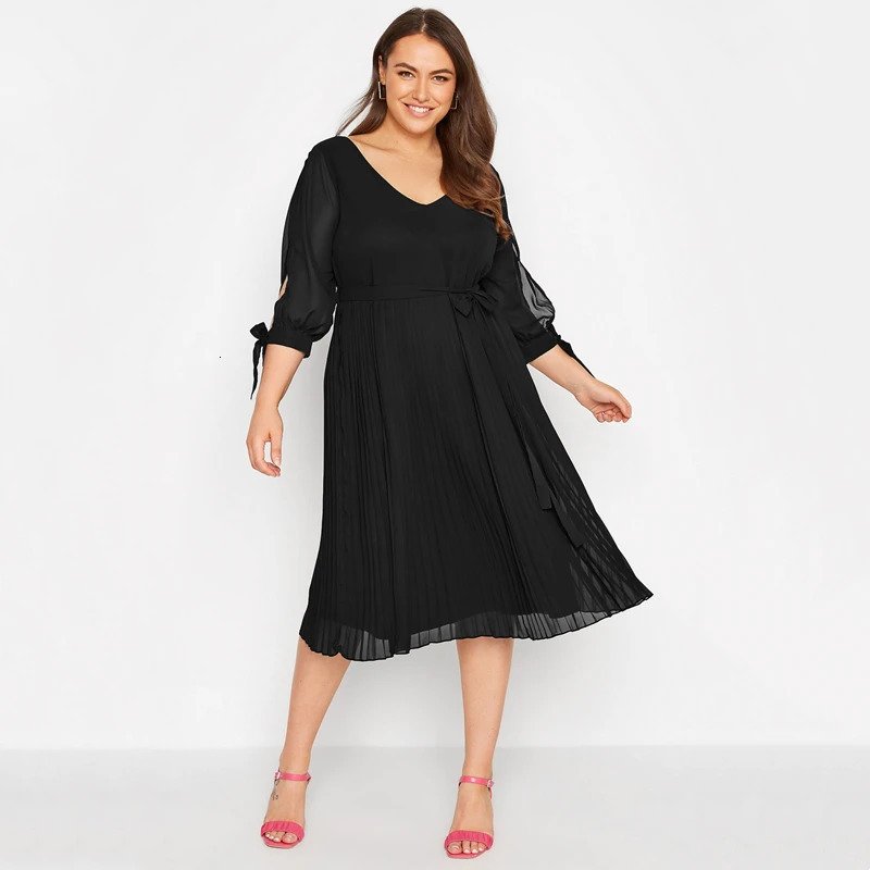 Plus Size 34 Sleeve Sexy Vneck Elegant Spring Autumn Formal Party Dres Flowy Midi Pleated Dress Night Out Evening 250121