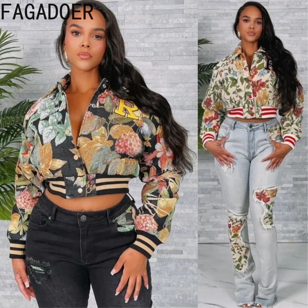 FAGADOER Retro Jacquard Short Sleeve Jacket Womens Fashion Button Long Sleeve Embroidery Patch Work Crop Coat Y2K Street Clothing 2025 250118