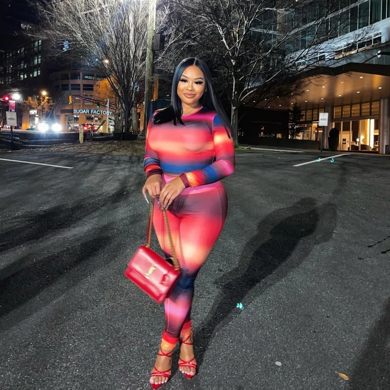 Oshfall Autumn Fashion Body Printing Two-Piece O-collar Long Sleeved TopHigh Waist Slim Pants Women Sexy Street Suit 250122