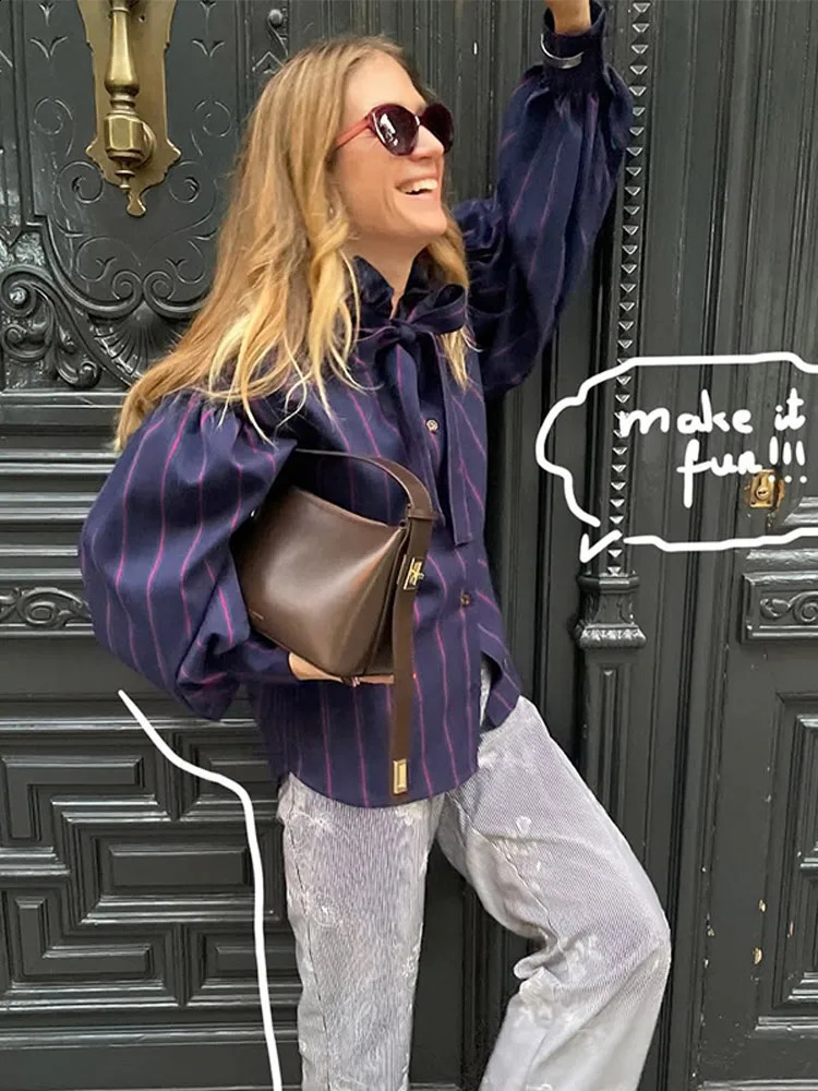 Vintage Women Striped Shirts Fashion Stand Collar Laceup Bow Single Breasted Long Sleeve Blouse 2025 Spring Lady Street Tops 250122