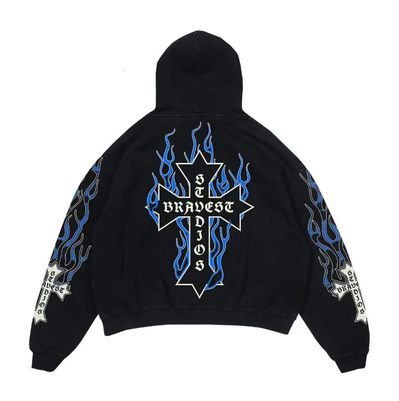 Hip Hop Retro Personalized Flame Printed Hoodie Mens Y2K Trend Harajuku Fashion Sweater Loose Casual Womens Coat 250110