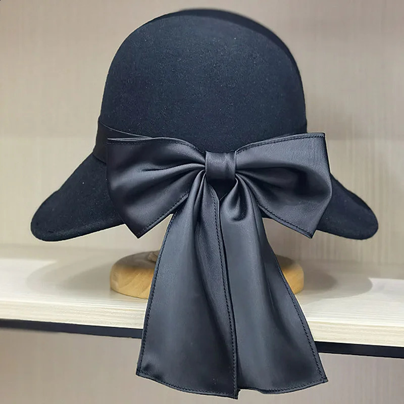 Winter Cloche Round Hat for Women Wool Fedora Hats Warm Wide Bim Floppy Ribbon Bowknot Church Dress Felt Bucket 250118