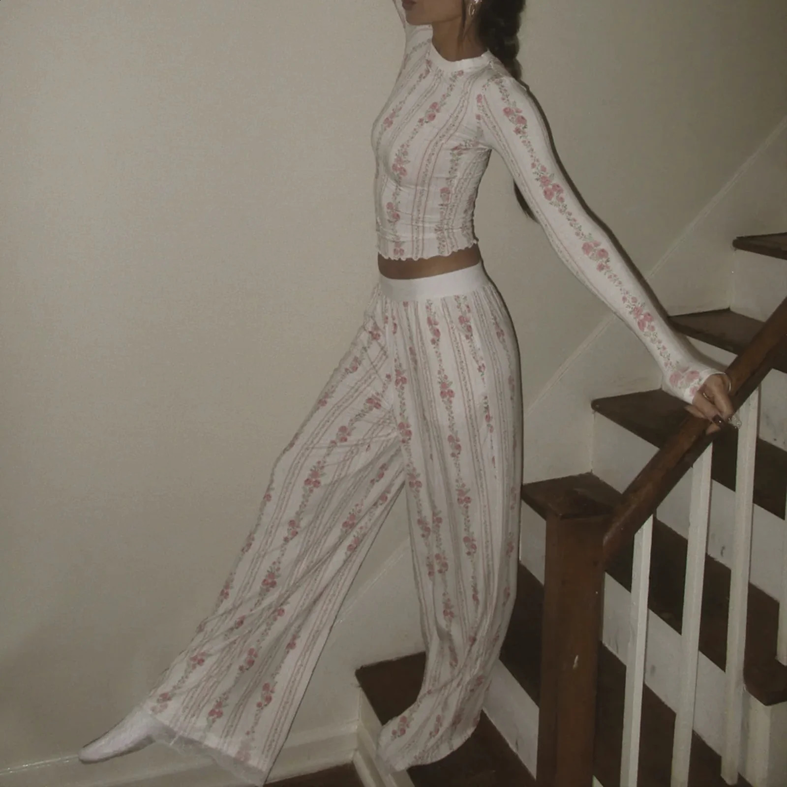 Women Y2k 2 Piece Lounge Set Lettuce Edge Hem Long Sleeve Bodycon Shirts High Rise Wide Leg Pants Snug Fit Pajamas 250113