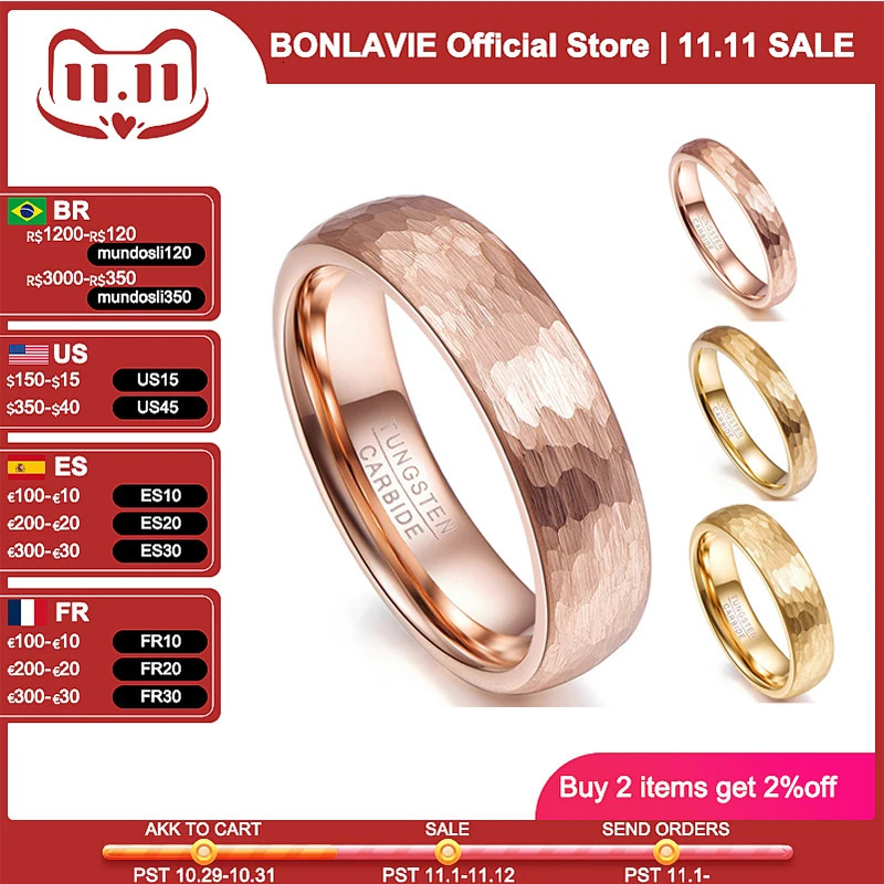 BONLAVIE 4mm 6mm Tungsten Steel Ring Classic Mens Wedding Ring Jewelry Gold Rose Geometric Pattern Couple Gift 250109