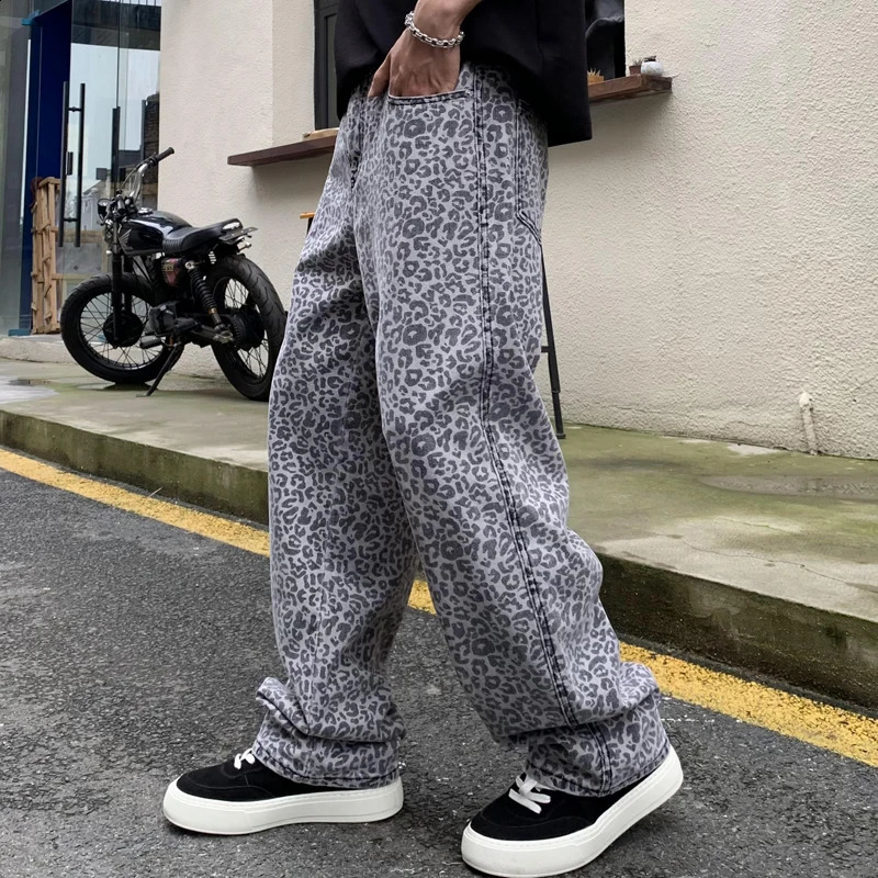 productsstreet personality leopard print trend fashion jeans for men high-end casual loose mens straight leg wide leg p 250120