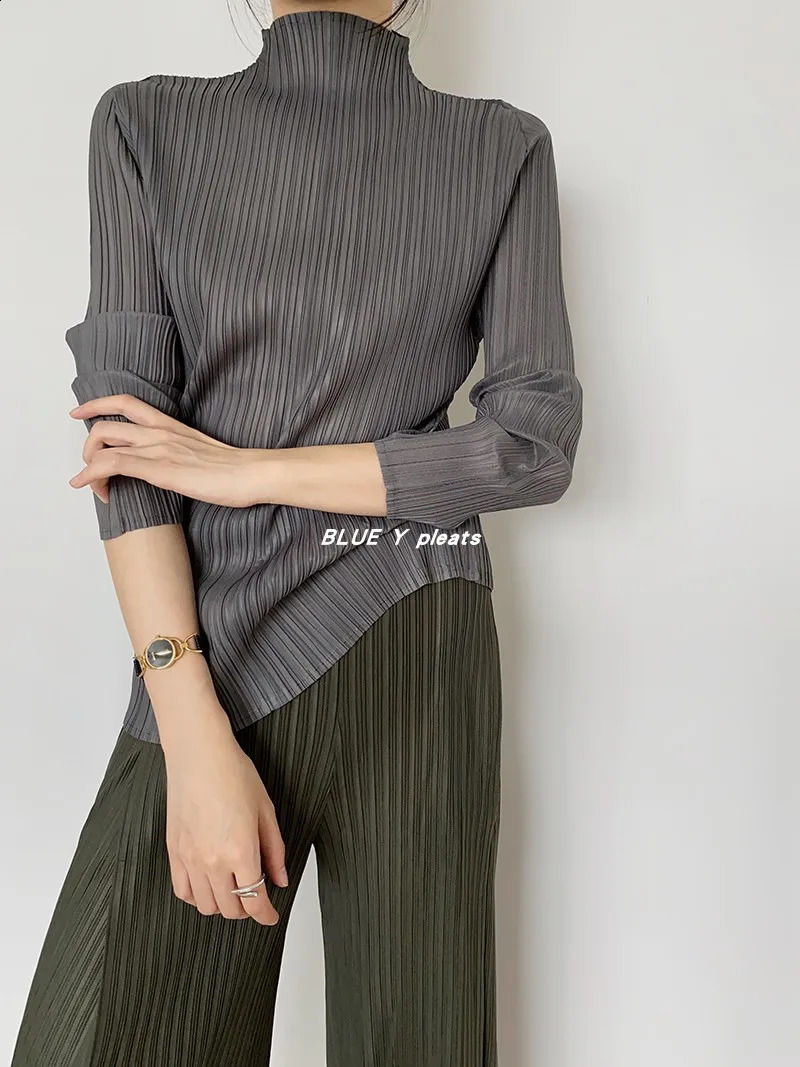 Miyake Pleated Women Shirt Tops High Fashion Aesthetic Clothing Comfortable Causal Long Sleeve Turtleneck T-shirt 250118