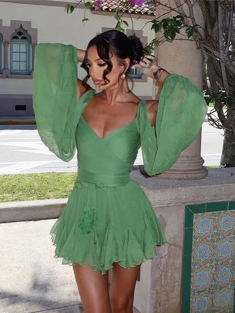 Womens Fashion Green Chiffon Mini Dress Elegant V-neck Split Long Sleeve Ruffle High Waist Dresses Lady Holiday Beach Vestidos 250122