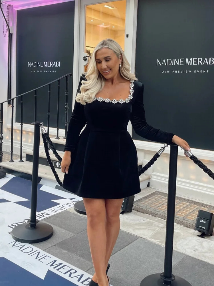 Elegant Women Square Neck Black Velvet Flower Mini Dress Fashion Long Sleeve High Waist Vestidos 2025 Lady Party Gown Clearance 250121