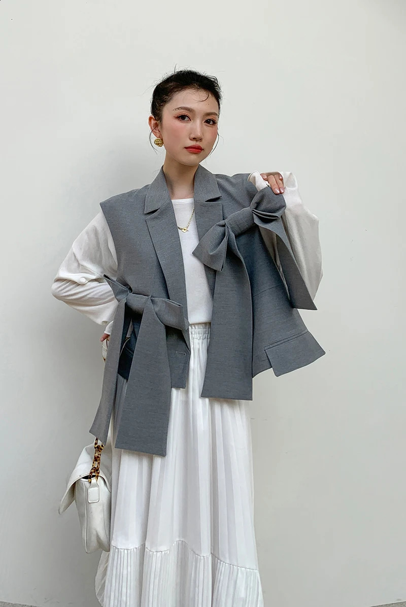 CHEERART Fashion Women Gilet Grey Vest Bow Sleeveless Blazer Coat Loose Crop Jacket Single Button Waist 250113Z