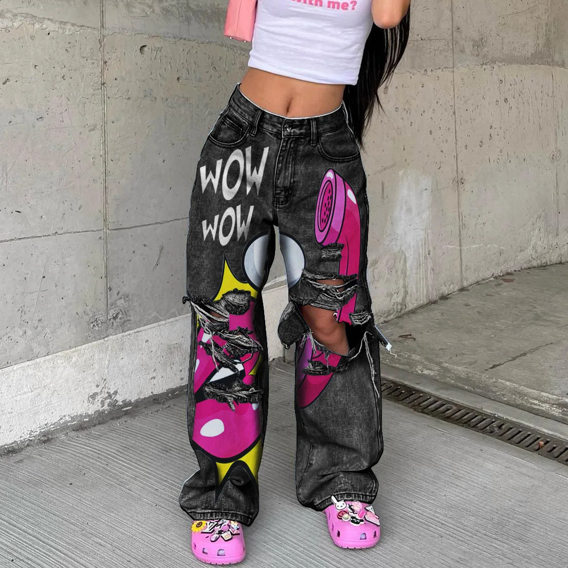 MID Waist Print Stretchy Jeans Stretchy Daily Fashion Womens Pants Streetwear Baggy Jeans Boyfriend Jeans Y2k HOLE Pants 3XL 250118
