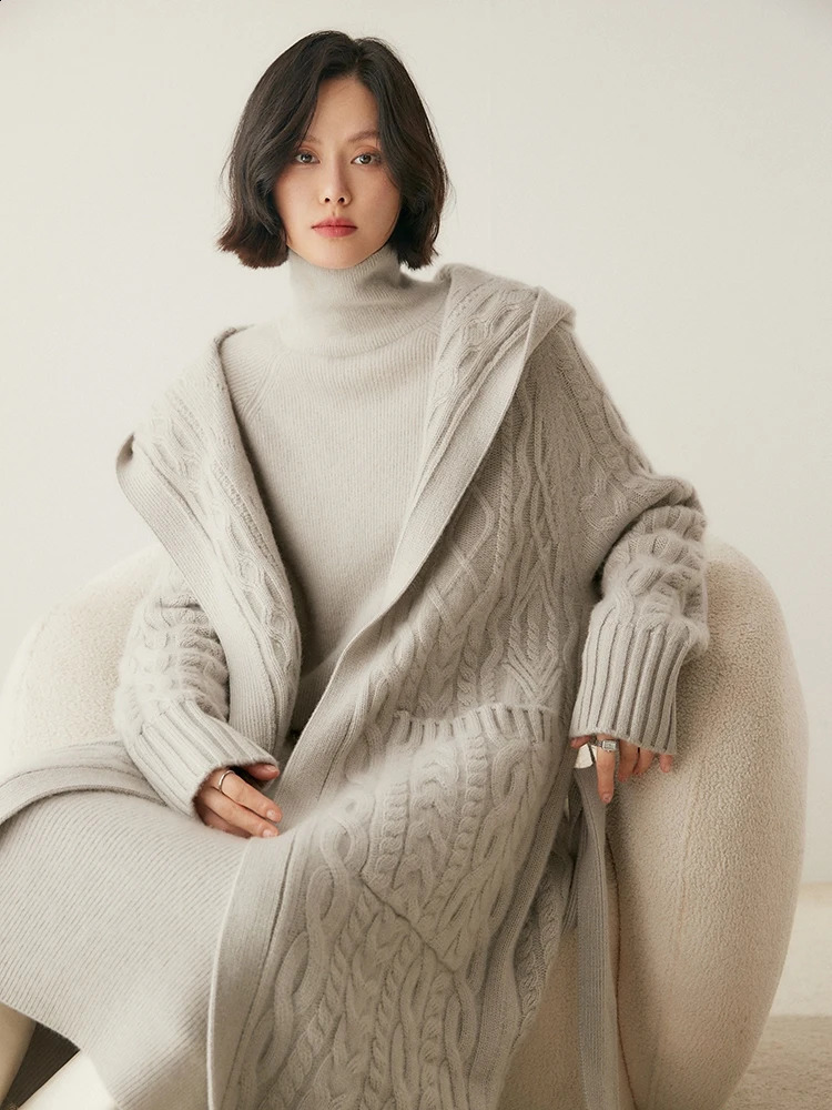 Womens 100% Cashmere Sweater Long Cable Knitting Cardigan Thick Hoodie Casual Style Cashmere Knitted Coat Autumn Winter 250121