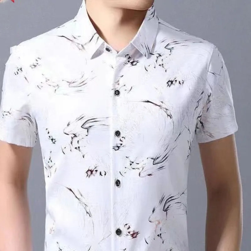 Summer Printed Mens Square Neck Ice Silk Fabric Fashion Versatile Short Sleeve Loose Single Row Multi Button Shirt Top 250110