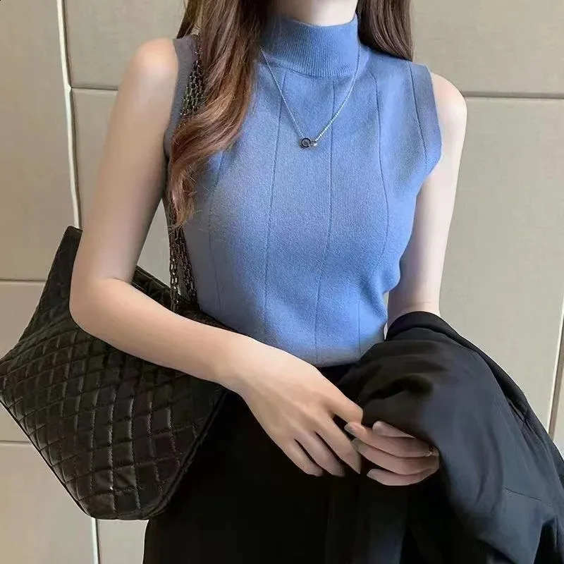 Korean Fashion Ladies Tops Spring Summer Women Casual Clothes Sleeveless Solid Blouse Knit Elastic Blouses 250122