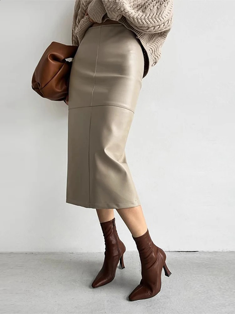 Solid Pu Leather Women Skirts High Waist Hip Package Female Half Skirt A Line Autumn Winter Fashion Lady Maxi Rube 250117