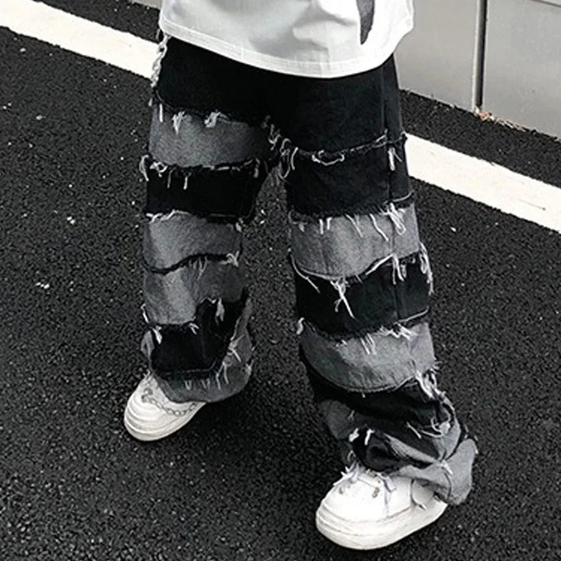 American High Street Antique Tassel Jeans for Men Dropped Wide Leg Hip Hop Lazy Long Pants 250122