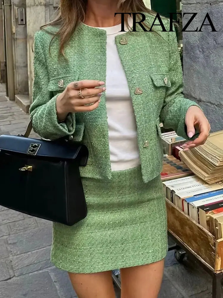 TRAFZA Suits For Women Fashion Green Coarse Weaving Loose Single Breasted Jackets Slim Chic And Elegant Womens Autumn Skirts 250122