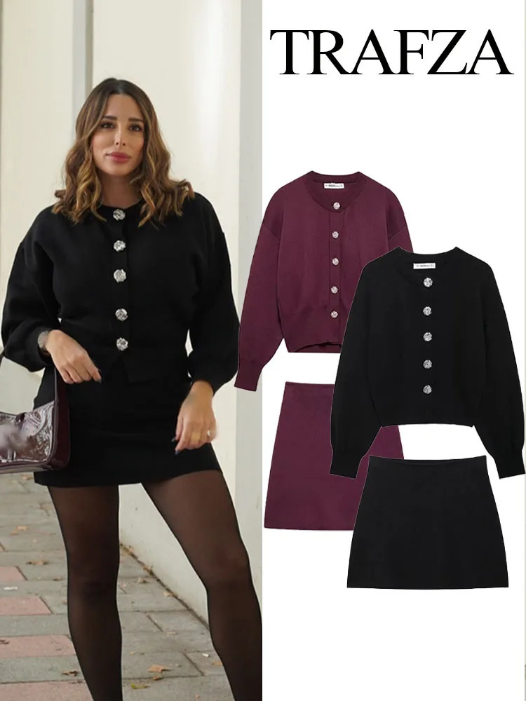 TRAFZA Womens Slim Fit 2 Piece Set Retro Black Knitted Sweater Jacket Fashion High Waist Casual Mini Skirt Streetwear 250122