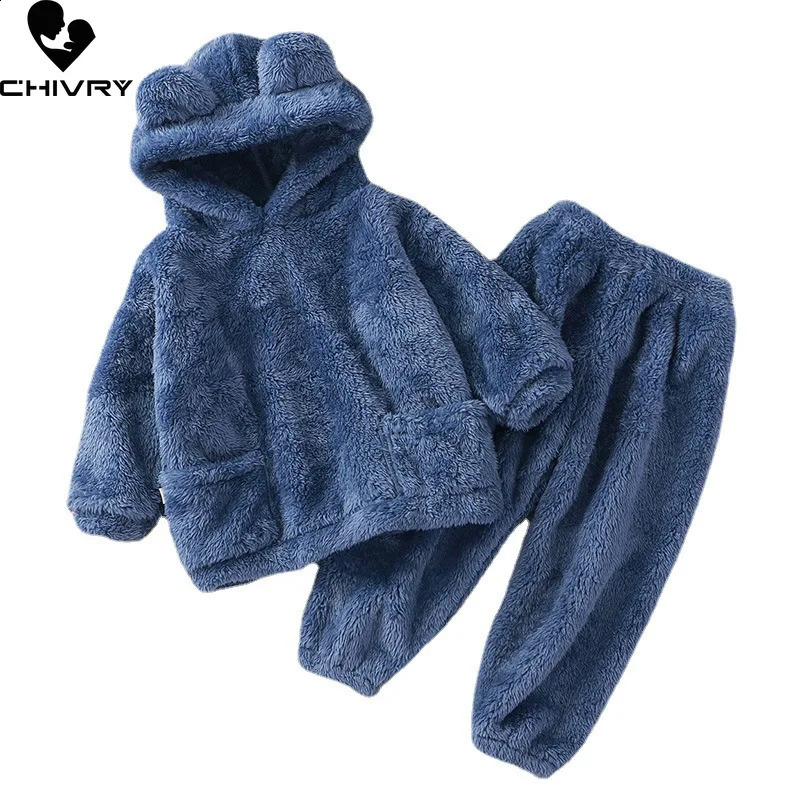 Kids Winter Pajama Sets Baby Boys Girls Thicken Fleece Warm Home Wear Children Cute Bear Hooded Sleepwear Pyjamas Clothing 250121