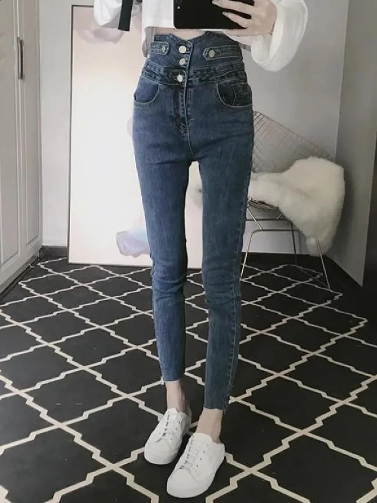Korean n High Waist Pencil Jeans Woman Casual Vintage Skinny Stretch Denim Pants Spring Fall Streetwear Solid Kot Pantolon 250108