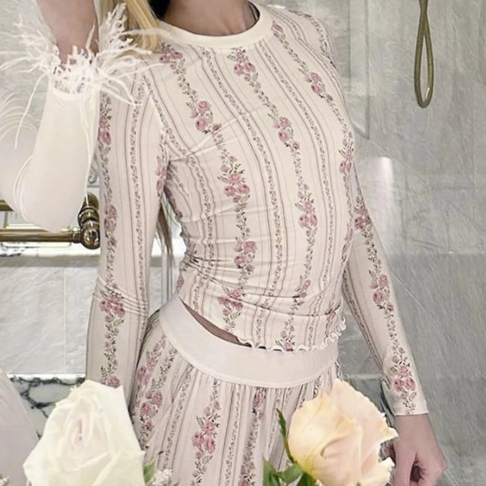 Women Y2k 2 Piece Lounge Set Lettuce Edge Hem Long Sleeve Bodycon Shirts High Rise Wide Leg Pants Snug Fit Pajamas 250113