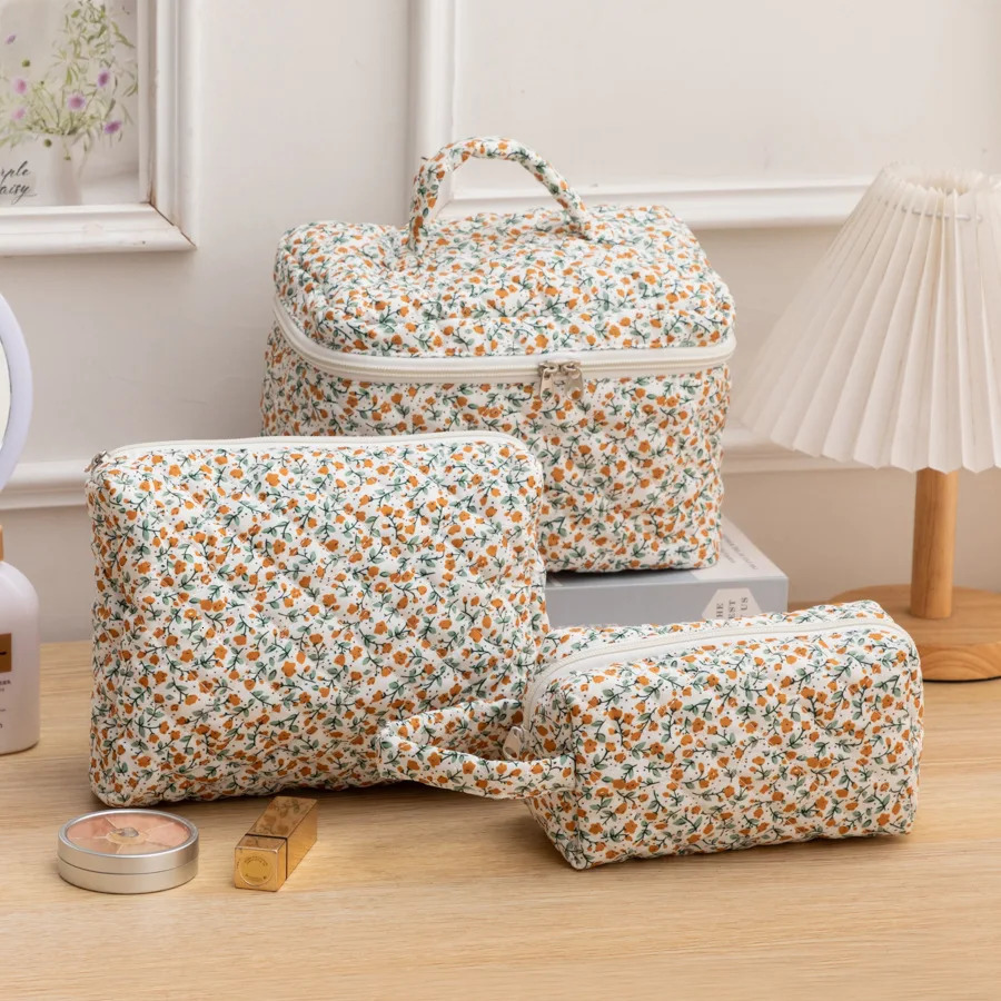 3 Pcs Cotton Quilted Makeup Bag SetFloral Makeup Bag Travel Makeup BagLarge Toiletry Cosmetic Bag Makeup Bag Organizer250114