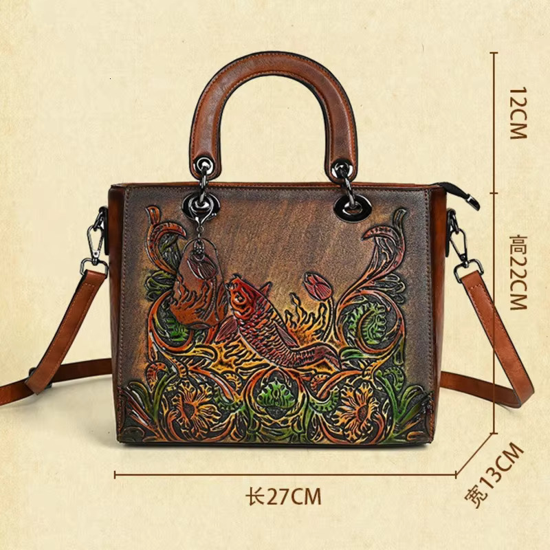 New Fish Emed Women Handbag Vintage Chinese Style Shoulder Versatile Leather Large Capacity Crossbody Bag Ladies