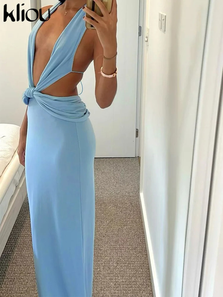 kliou Elegant Women Long Dress Summer Sexy Halter Backless Low Neck Lace Up Concise Vestidos Female Vacation Party Bodycon 250121