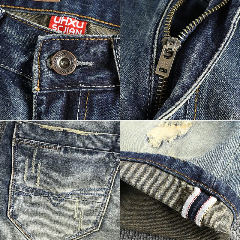 Heavy retro wash cat beard hole denim shorts men slim small straight leg European and American trend summer quarter pants 250110