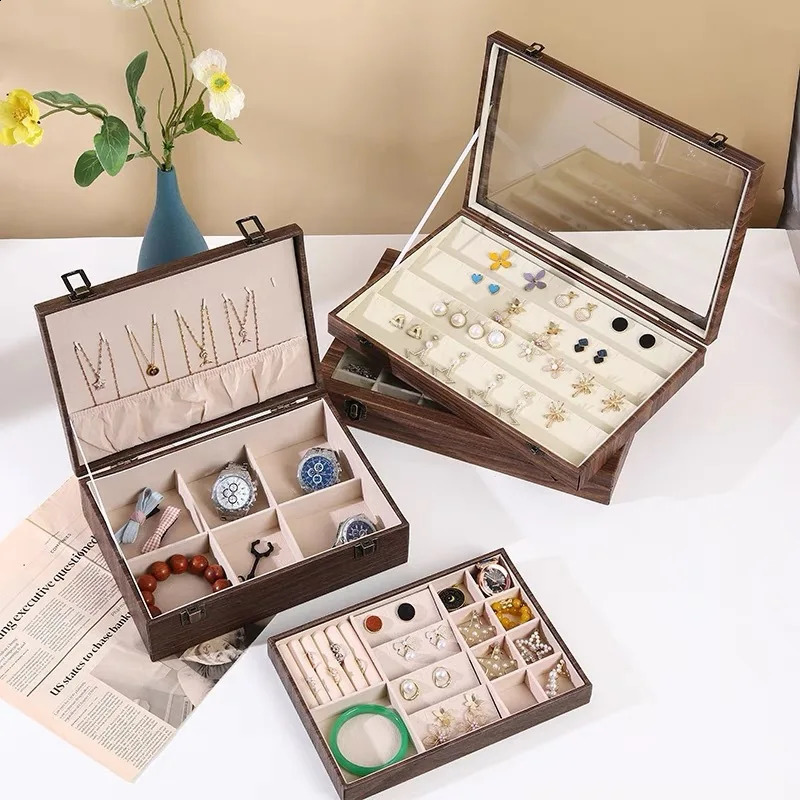 Large Capacity Wooden Pattern Jewelry Storage Box Dustproof Cover Earring Ring Necklace Storage Case For Precious Metals 250117