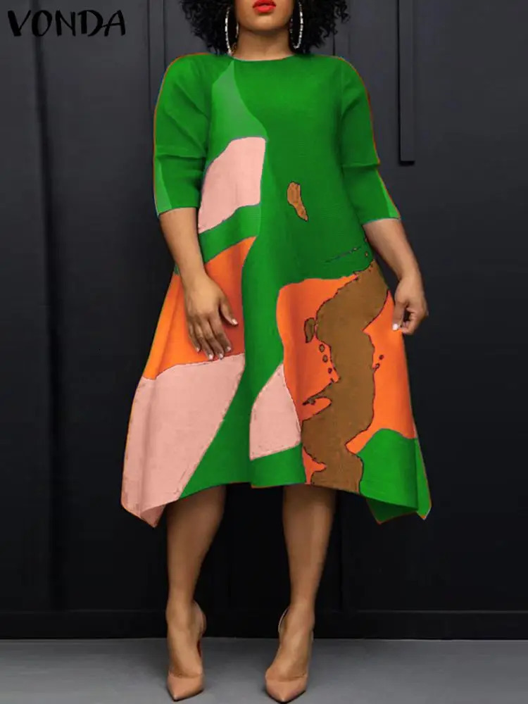 Plus Size 5XL VONDA Women Summer Midi Dress 2024 Bohemian Printed Vintage Half Sleeve Asymmetrical Sundress Loose Casual Robe 250121