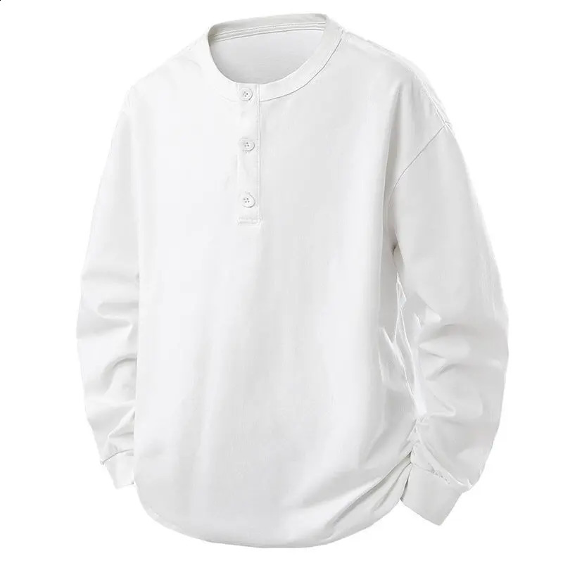 Autumn Mens Fashion Men Henry Neck Long Sleeve TShirt Casual Vintage Male Button Slim Washed Tees 250122