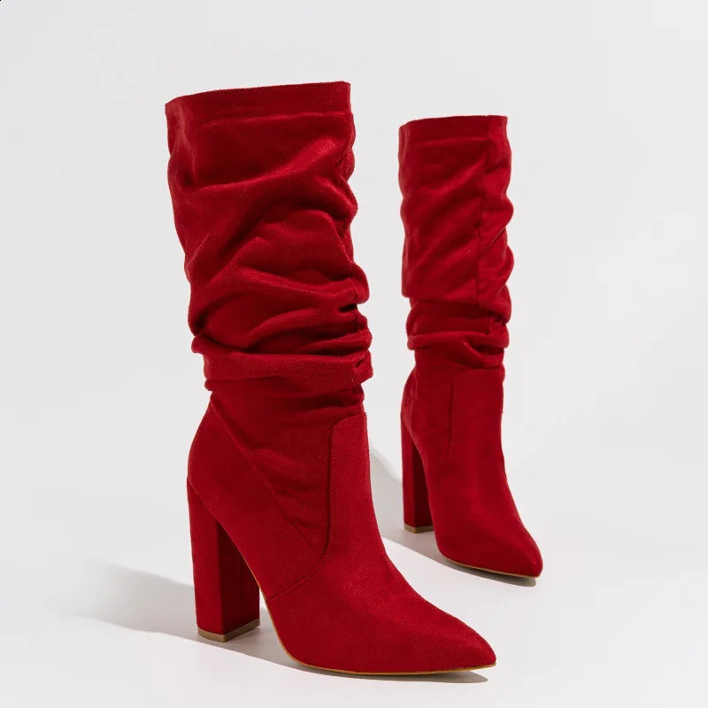 AIYUQI pointed toe womens high heel boots midtube spring female fashionable pleated women heels 250117