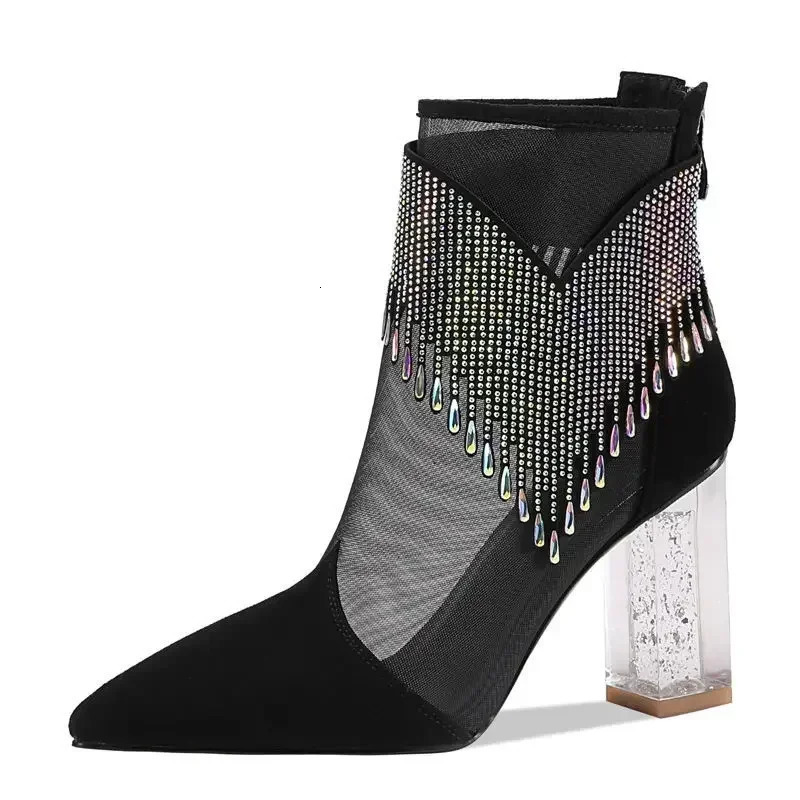 Rubber Soled Dance Boot 2024 Summer Pointy Rhinediamond Tassel High Heel Mesh Latin Jazz Modern Shoes Stage Show 250118