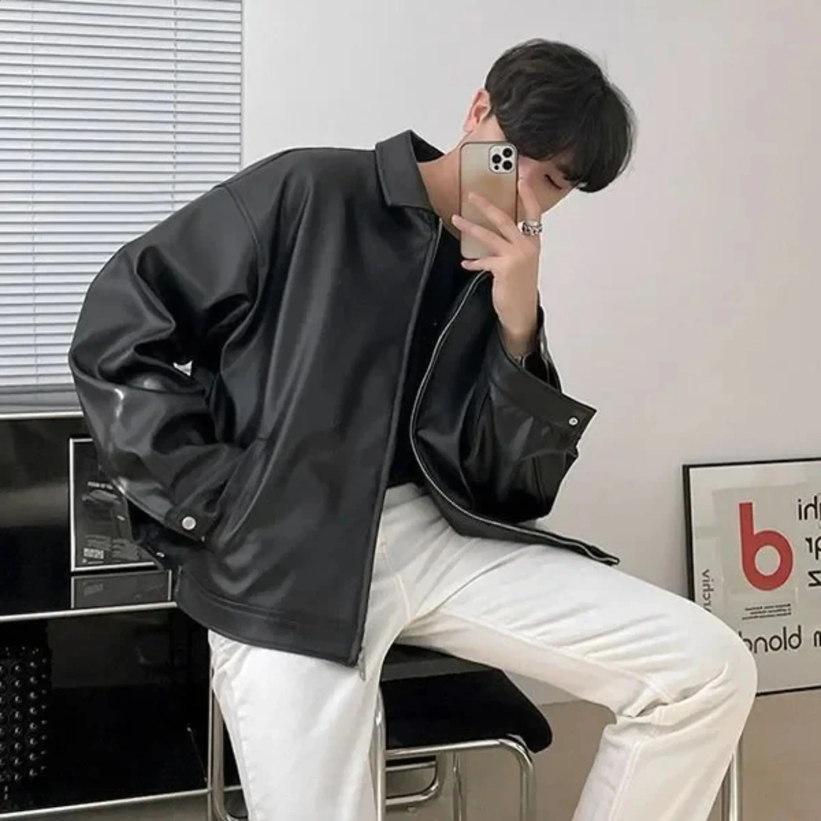 Trendy Mens Leather Jacket Korean Style Pu Leather Spring Casual Motorcycle Jacket Trendy Baseball Uniform 250120