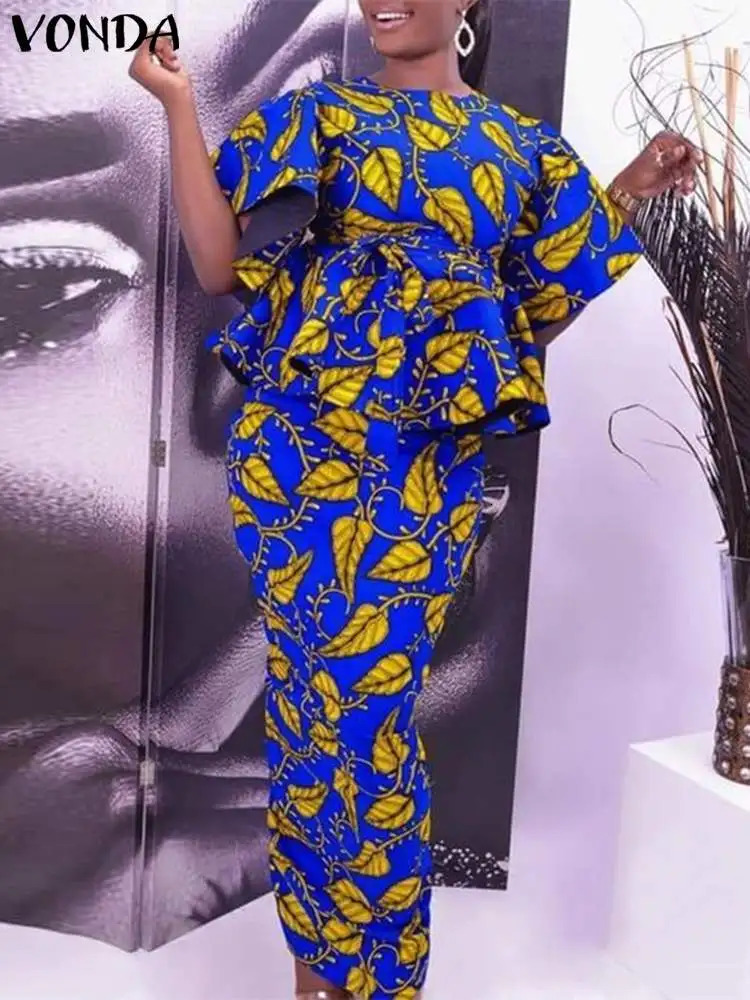 VODA Summer Retro Womens Floral Printed Bohemian Dress Set Short Sleeve Ruffle 2-piece Casual Top Long Skirt Set 250110