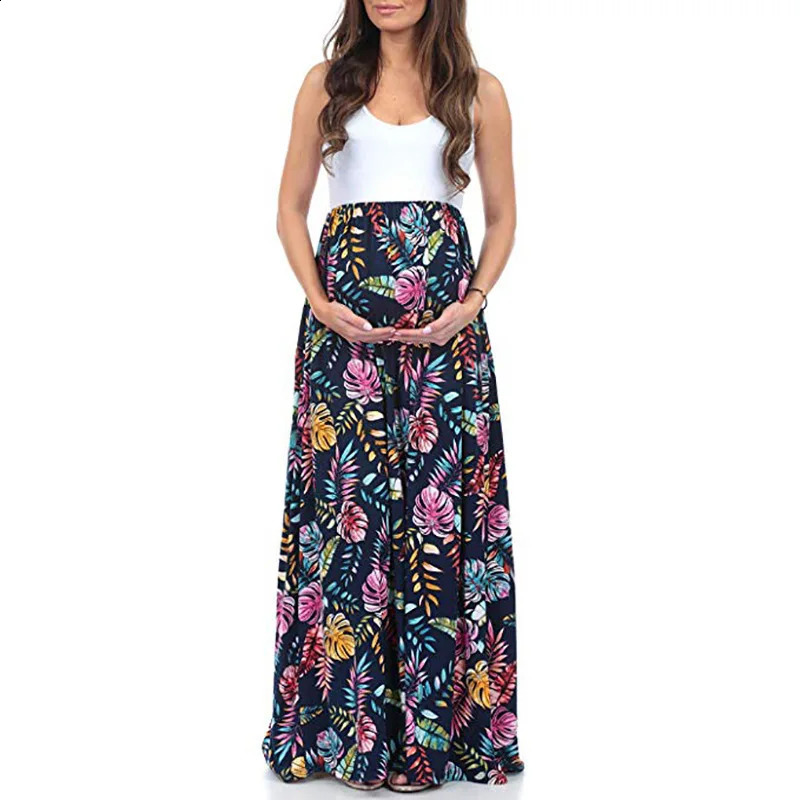 Summer Pregnant Women Dresses Maternity Dress Pregnancy Flower Pattern Loose Knee Long Dress Sleeveless Female Casual Clothes 250116