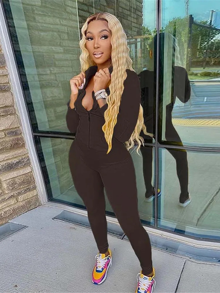 Autumn Two Piece Set Women Long Sleeve Hooded Zipper Pocket Sporty Jacketsleggings Matching Sets Workout Stretchy Outfits 250108