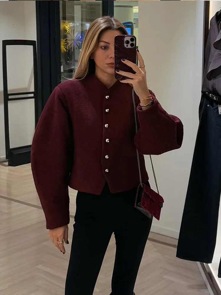 Elegant Burgundy Fitted Waist Short Jacket For Women Chic Long Balloon Sleeve Metal Button Coat 2025 Spring Lady High Streetwear 250122