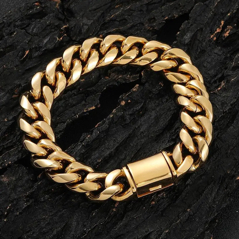 8mm-14mm Thick Stainless Steel Miami Cuban Link Bracelet Gold/Silver Plated Hip Hop Jewelry for Men Women 250115