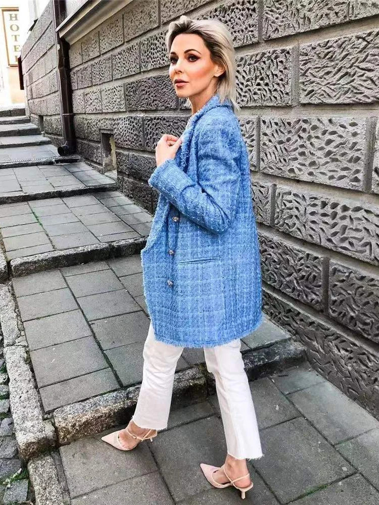 Tweed Women Elegant Blue Jacket Fashion Ladies Vintage Loose Stylish Jackets Casual Female Outerwear Girls Chic 250122