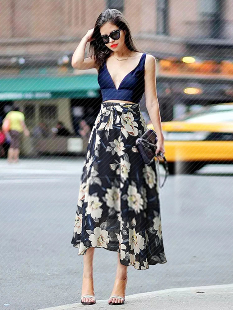 Plus Size Print Floral Skirt Women 2024 Summer Loose Elastic High Waist Chiffon Midi Skirts Lace Up Bow L5XL Swing Jupe Femme 250122