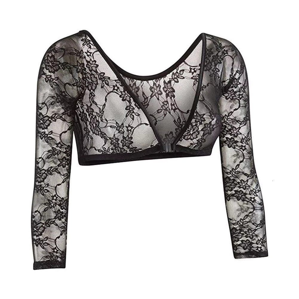 Women Mesh Lace See Through Long Sleeve Crop Tops Sheer Seamless Shaper T Shirt Shrugs T-Shirts Tees Woman Clothing