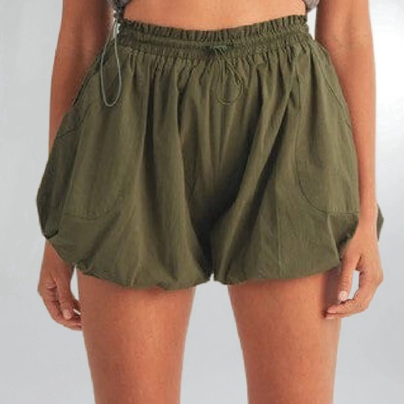 Women Summer Solid Color Casual Budded Shorts Drawstring Waisted Athletic Workout Bubble Shorts with Pockets 250118