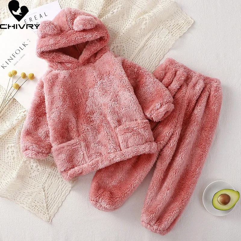 Kids Winter Pajama Sets Baby Boys Girls Thicken Fleece Warm Home Wear Children Cute Bear Hooded Sleepwear Pyjamas Clothing 250121