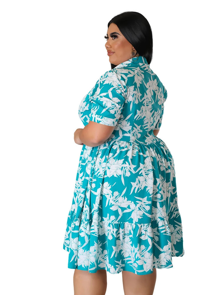Plus Size Midi Dres Floral Print Female A Line Elegant Spring Summer Short sleeve Dress Casual Party Dresses 250121
