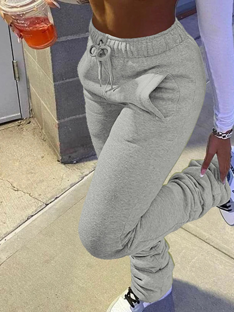 Sales Solid Stacked Pencil Pants Women High Waist Pocket Drawstring Ruched Fleece Trousers Sporty Jogging Bottoms Sweatpants 250122