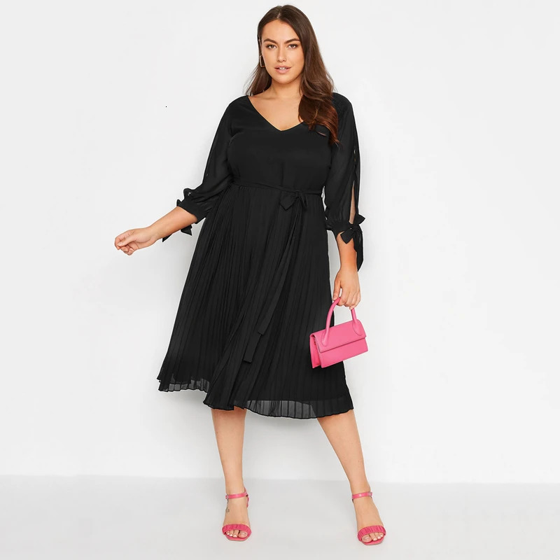 Plus Size 34 Sleeve Sexy Vneck Elegant Spring Autumn Formal Party Dres Flowy Midi Pleated Dress Night Out Evening 250121